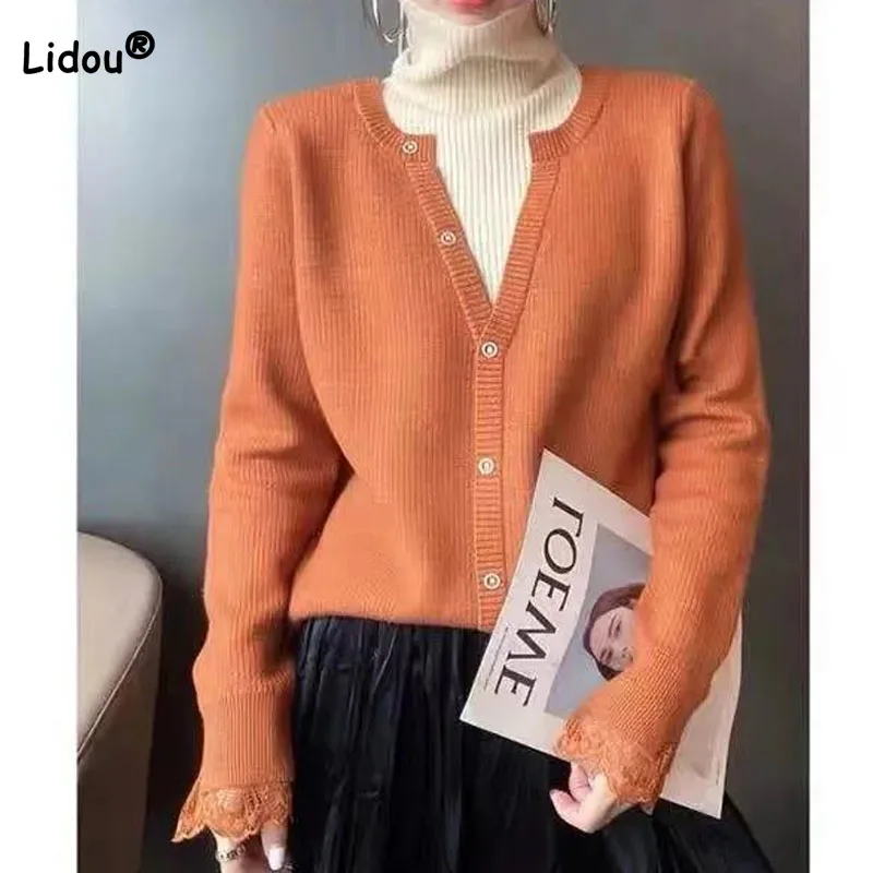 

Autumn Winter New Women Fake Two Pieces Turtleneck Knitted Sweaters Fashion Korean Button Thick Warm Solid Color Spliced Jumpers