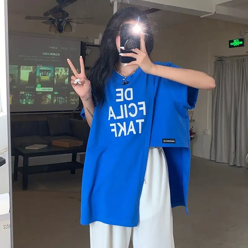 Fashion Asymmetrical Split Pullovers Women's Clothing Short Sleeve Korean Loose Spliced Summer Casual Letter Printed T-shirt New
Fashion Asymmetrical Split Pullovers Women's Clothing Short Sleeve Korean Loose Spliced Summer Casual Letter Printed T-shirt New