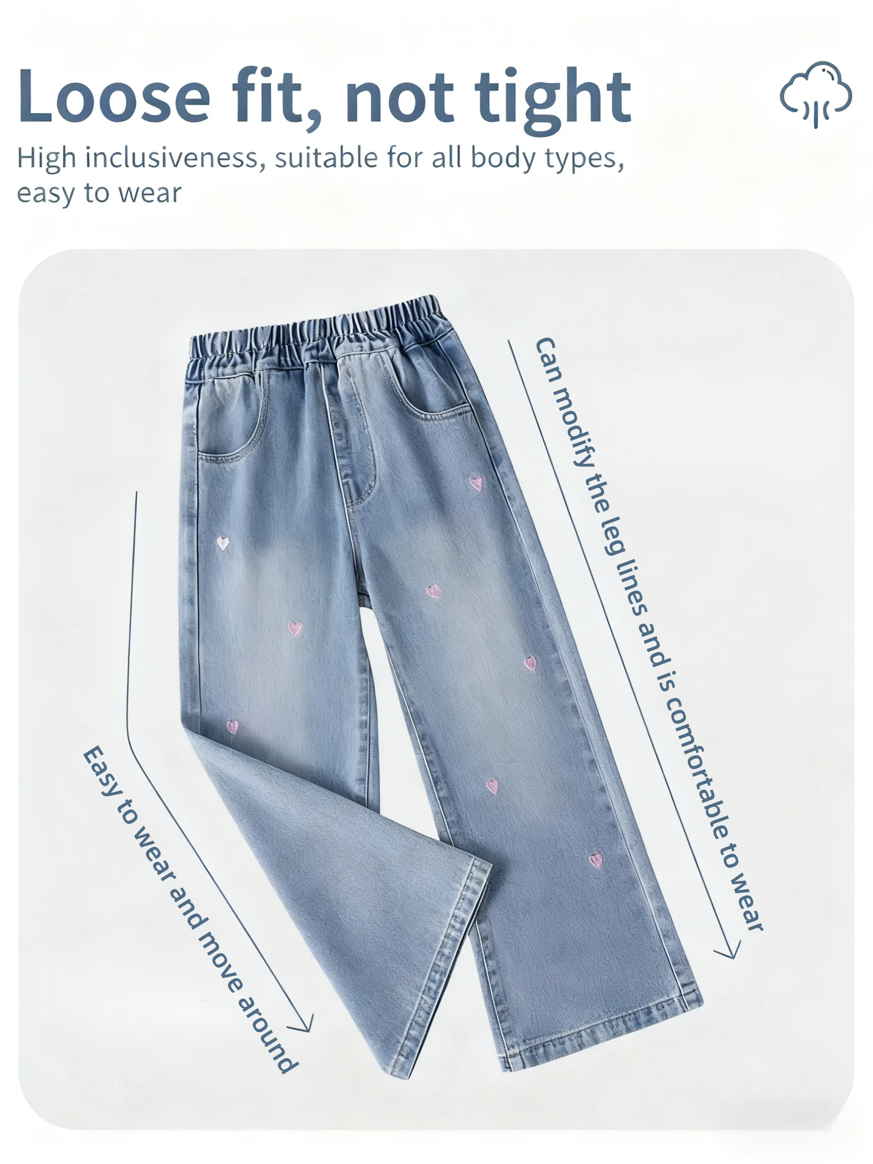 جينز أنيق للأطفال قابل للتنفس بناتي مع تطريز على شكل قلب حلو ولطيف بنطلون دنيم للربيع والخريف ناعم وخفيف الوزن بقصة واسعة من الأسفل جينز أنيق للأطفال قابل للتنفس بناتي مع تطريز على شكل قلب حلو ولطيف بنطلون دنيم للربيع والخريف ناعم وخفيف الوزن بقصة واسعة من الأسفل
