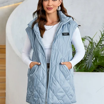 Cinemore 여성용 따뜻한 캐주얼 민소매 조끼, 긴 파카 재킷, 여성 후드, 솔리드 코튼 패딩 다운 조끼 코트