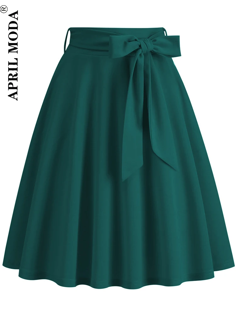 

Green Women Midi Skirt with Belt Runway Vintage Rockabilly Womens Pinup 50s Solid Skirts High Waist A Line Swing Tunic Skirts