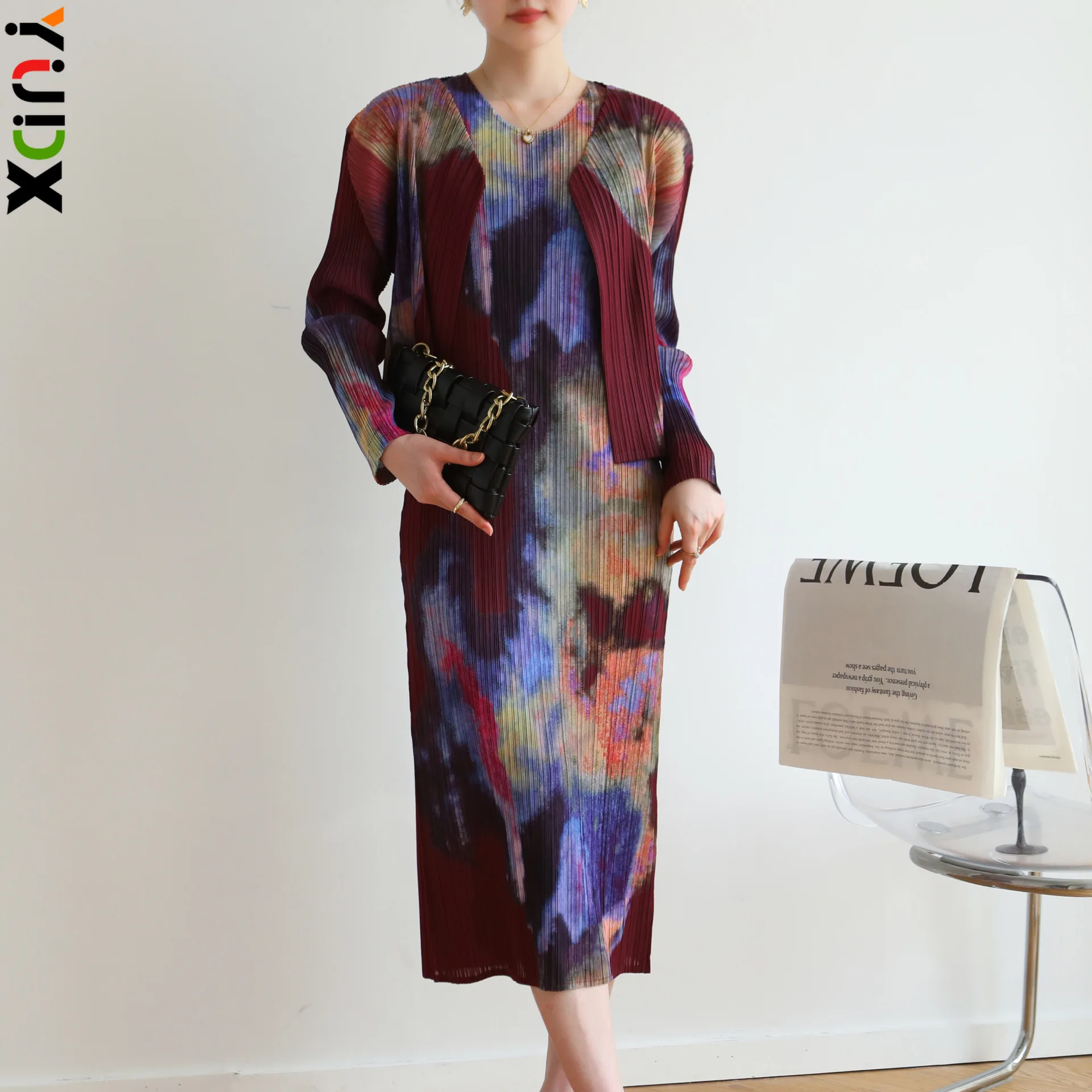 

YUDX Miyake Pleated Personalized Printing High Quality Fashion Women 2-piece Cardigan Jacket + Dress Set 2024 Early Spring New