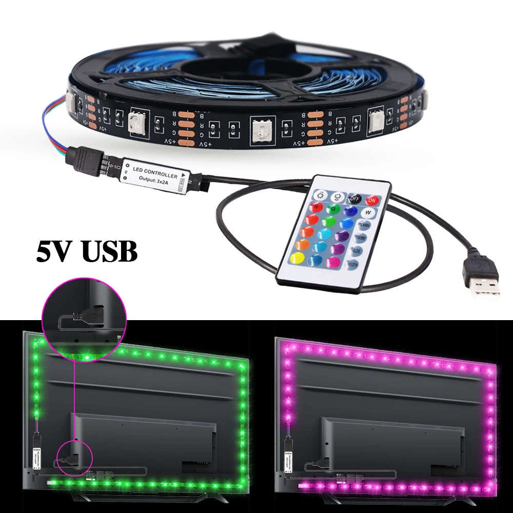 5V USB Led Strip Light 5050 RGB LED Lights Flexible Ribbon Diode Tape IR Remote Control TV Backlights Room Decor Black/White PCB
5V USB Led Strip Light 5050 RGB LED Lights Flexible Ribbon Diode Tape IR Remote Control TV Backlights Room Decor Black/White PCB