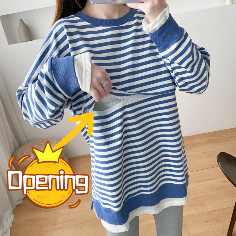 

Woman Sexy Open Hidden Breast T-Shirts Striped Pullovers Outdoor Nipple Exposed Breastfeeding Sweatshirts Expose Chest Costume