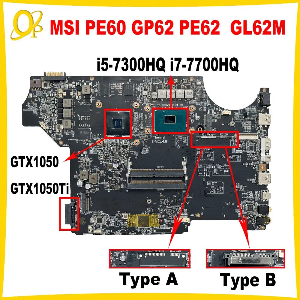 

MS-16J91 for MSI MS-16J9 GL62M PE62 GP72M GP62M PE60 GP62 laptop motherboard i5-7300HQ i7-7700HQ CPU GTX1050/1050Ti 4G GPU DDR4