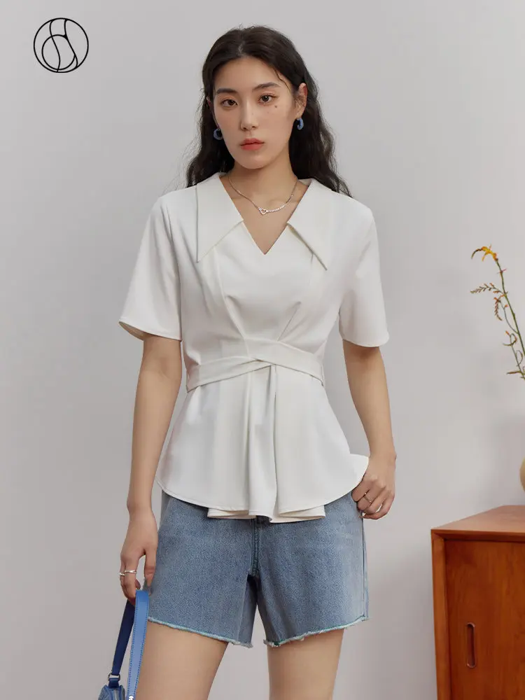

DUSHU Design Sense Deconstruction Split Waist Tie Shirt Casual Top for Women Summer Newly Temperament Niche Top for Female