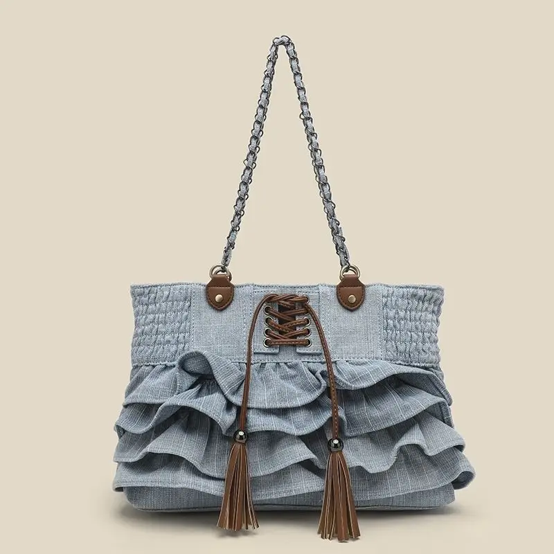 Vintage Pleated Denim Tote Bag Autumn Winter New High-capacity Y2k Chain Bandage Women Shoulder Bag Fashion Shopping Handbag
Vintage Pleated Denim Tote Bag Autumn Winter New High-capacity Y2k Chain Bandage Women Shoulder Bag Fashion Shopping Handbag