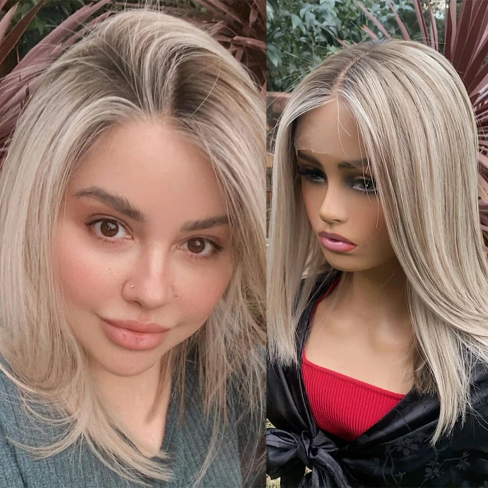 

HD Lace Frontal Human Hair Wigs Light Grey Highlights Straight Wig Ash Blonde Roots 13x6 Brazilian Virgin Hair Short Bob Wig