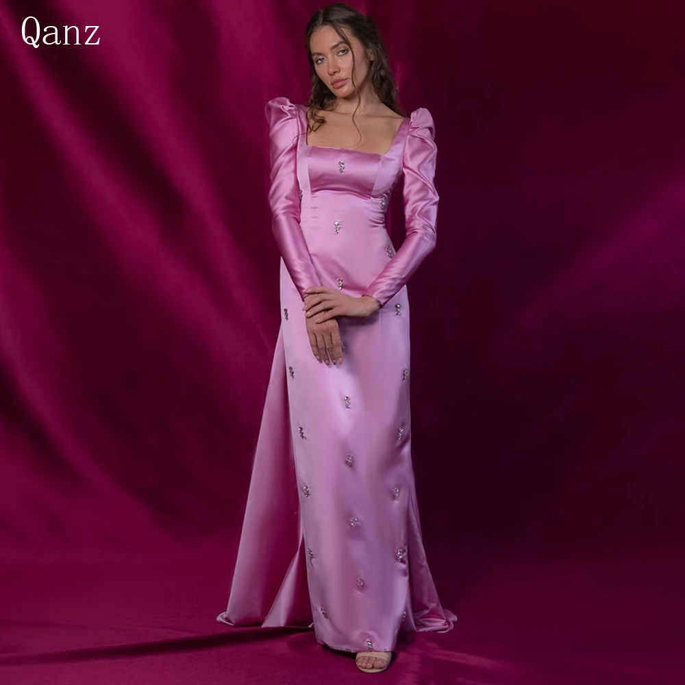 

Qanz Saudi Arabia Mermaid Evening Dresses Deep Pink Satin Long Sleeves Formal Prom Gowns 2024 Elegant Crystals Party Dresses