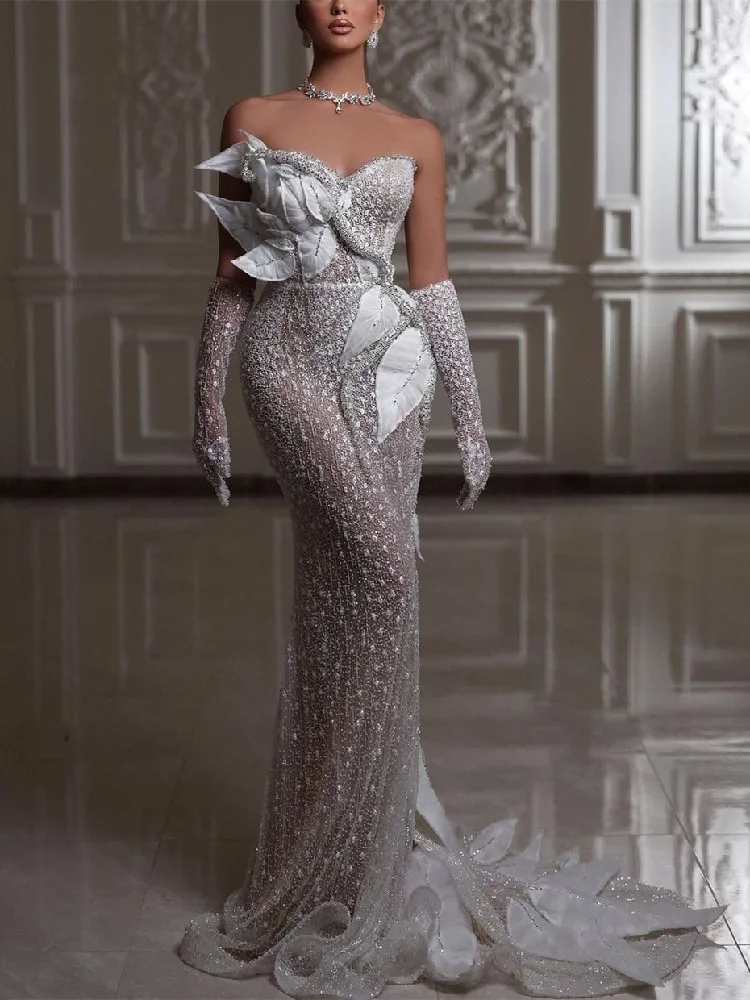 Exquisite Mermaid Evening Dresses Sleeveless V Neck Gloves Sequins Appliques 3D Lace Hollow Beads Satin Plus Size Prom Dresses
Exquisite Mermaid Evening Dresses Sleeveless V Neck Gloves Sequins Appliques 3D Lace Hollow Beads Satin Plus Size Prom Dresses