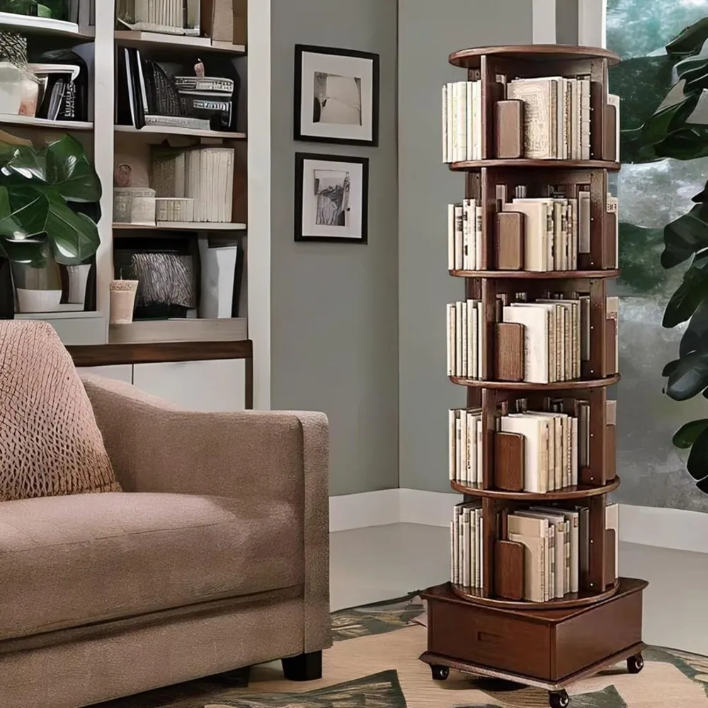 Solid Wood Rotating Book Shelf, 360° Display Bookcase with Drawer, 5-Tier Mobile Bookshelf with Wheels, 79" Tall Bookcase
Solid Wood Rotating Book Shelf, 360° Display Bookcase with Drawer, 5-Tier Mobile Bookshelf with Wheels, 79" Tall Bookcase