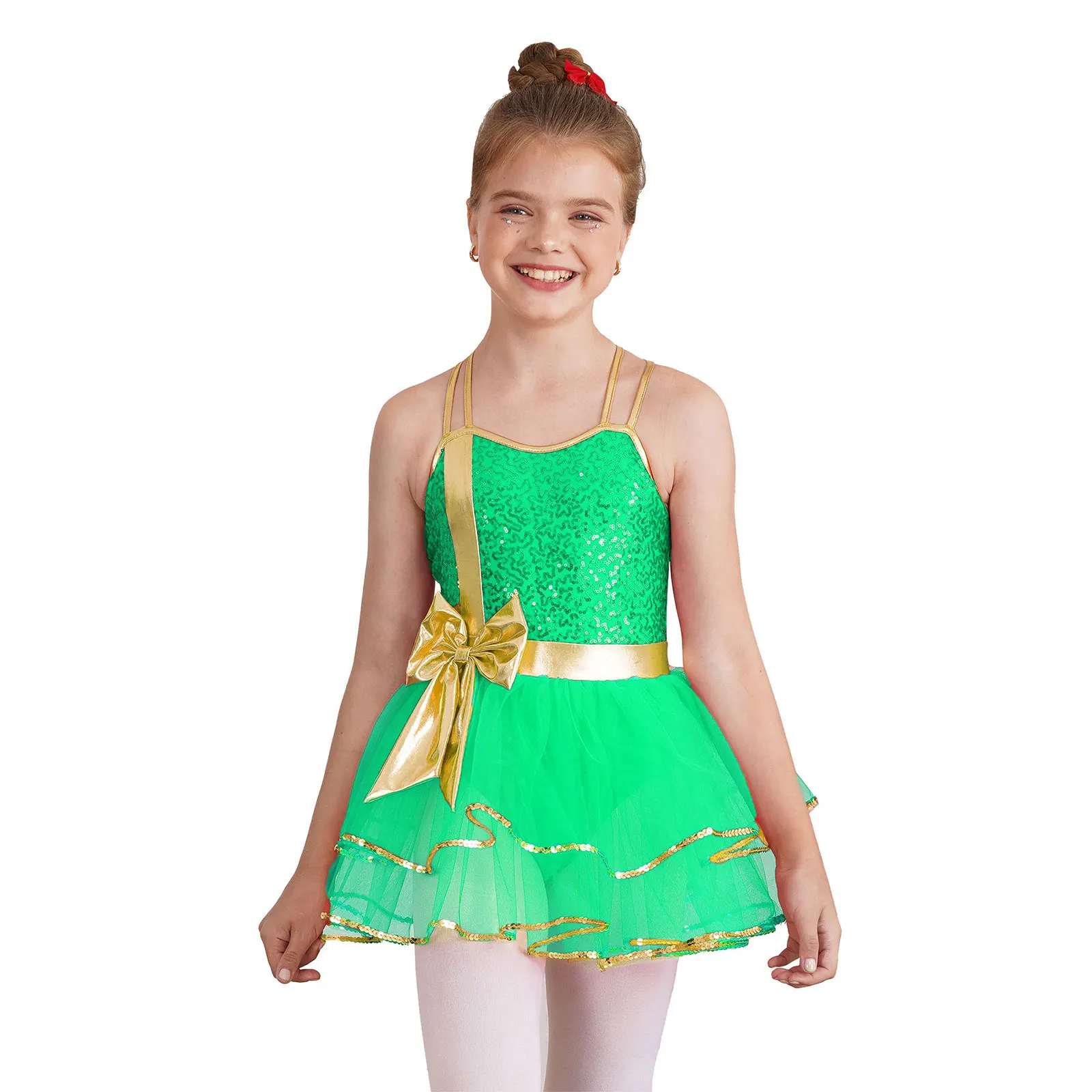 

kids Girls Christmas Dance Tutu Dress Sleeveless Sequin Bow Ballet Skating Gymnastics Leotard Carnival Party Performance Costume