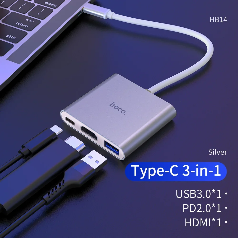 

HOCO USB C HUB 3-in-1 Type C HUB USB 3.0 HUB HDMI-compatible Adapter USB Splitter for MacBook/Pro/Air and Type C Windows Laptops
