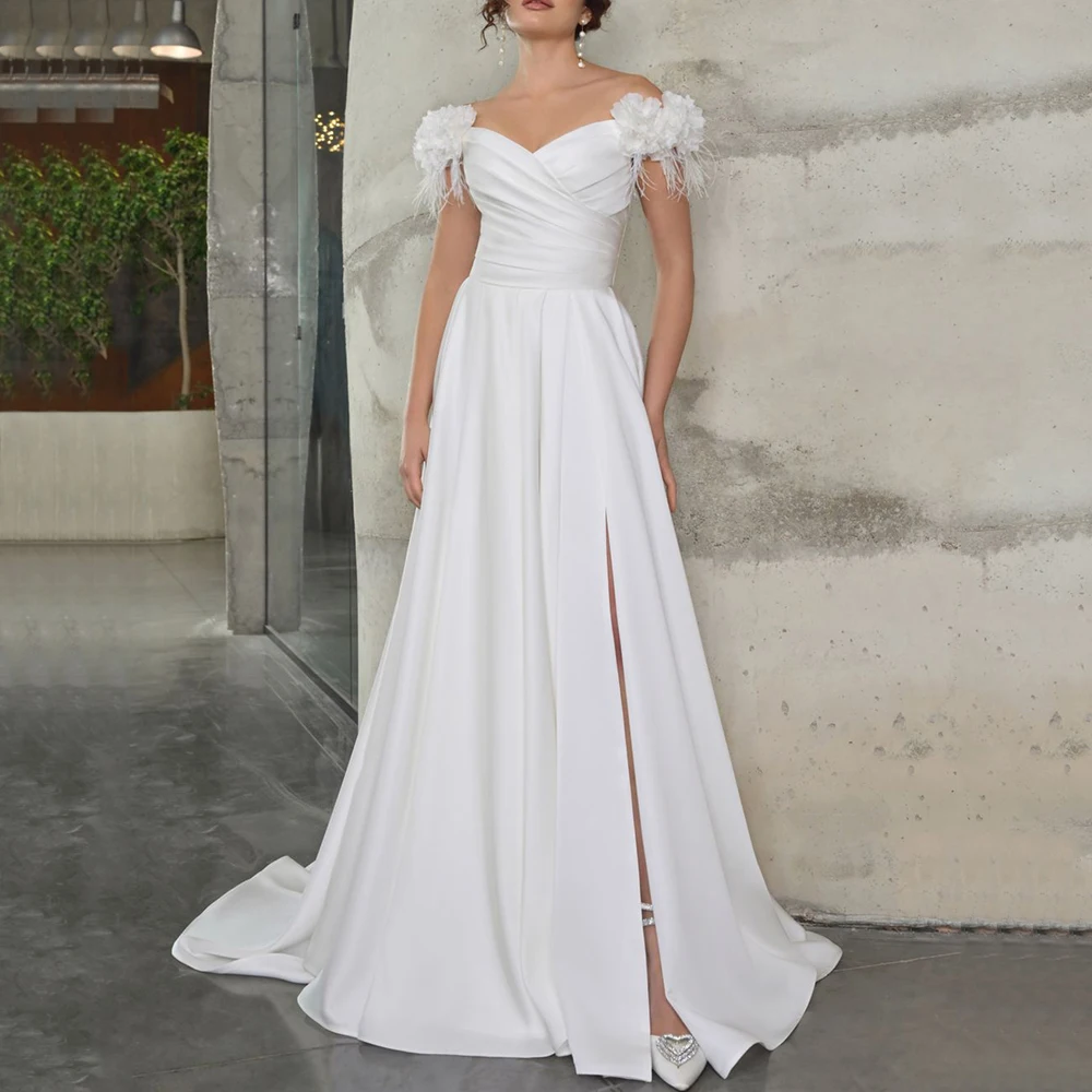 

Elegant Pleat Off the Shoulder Wedding Dress V-Neck Short Sleeves Classic A-Line Floor Length Side Slit Sweep Train Bride Gowns