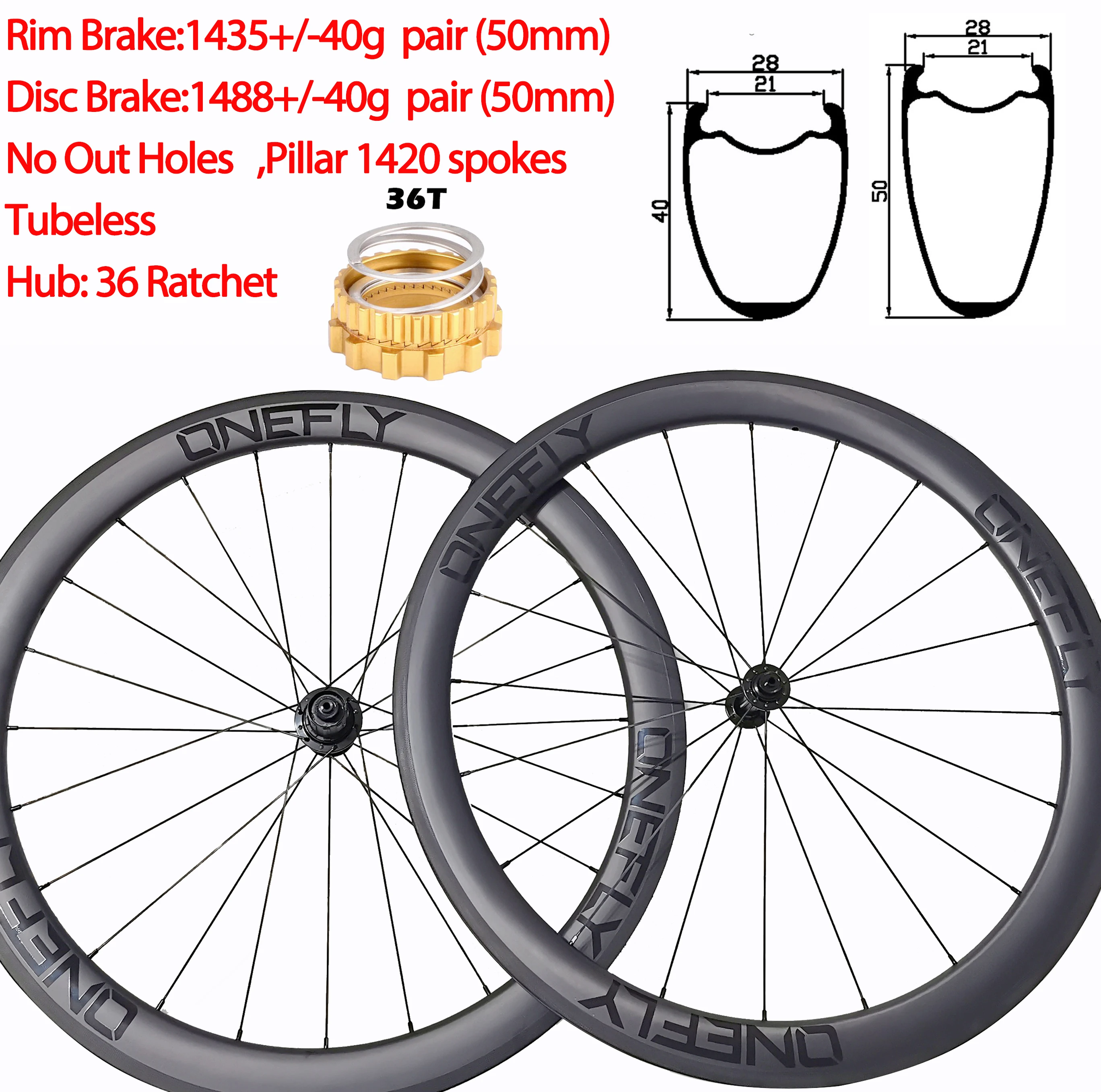 

ONEFLY Width 28mm Super Light Carbon Road Bike Wheels Clincher Tubeless 36 Ratchet Disc Rim V Brake 40/45/50/55mm Wheelset 700C