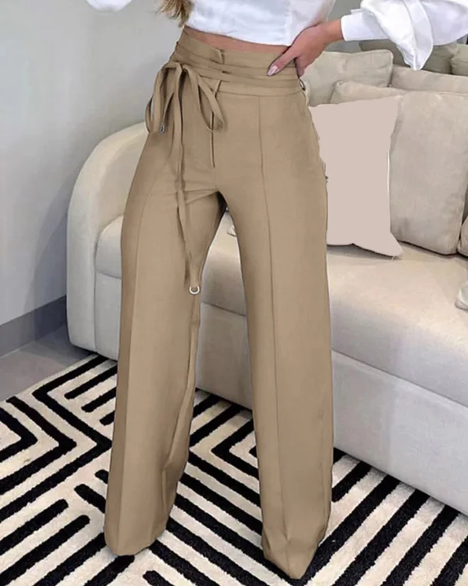 

Women Fashion Tied Detail Straight Leg Work Pants Khaki Female High Waist Office Lady Elegant Long Trousers 2023 Autumn Clothing