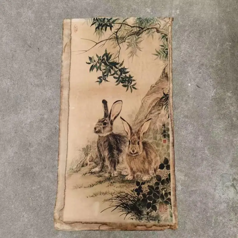 

Old Chinese Calligraphy Scroll Painting Hand Painted Rabbit Painting Slice Paper