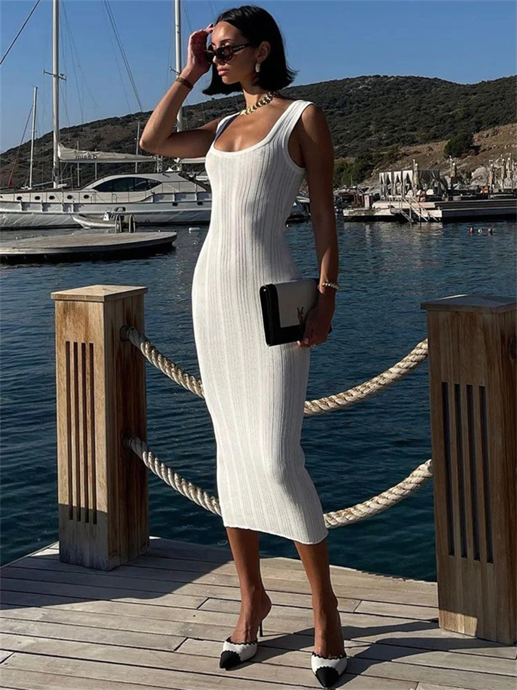 

Tossy White Knitwear Fashion Maxi Dress Women's Patchwork Elegant Strapless Ribbed Party Dress Knit High Waist Ladies Long Dress