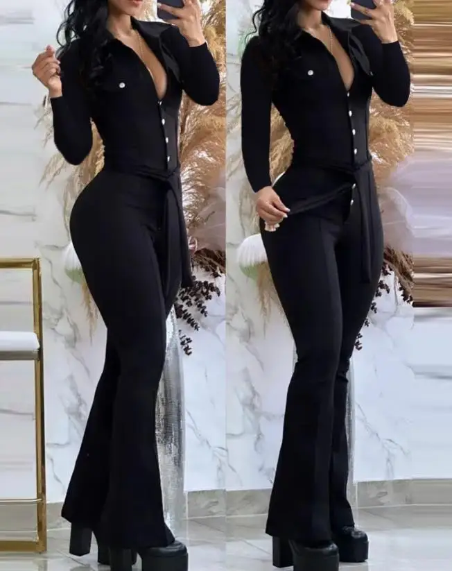 

Women's Sexy Jumpsuit 2024 Latest Hot Selling Casual Plunge Turn Down Collar Detail Skinny Rib Lace Up Details Open Up Jumpsuit