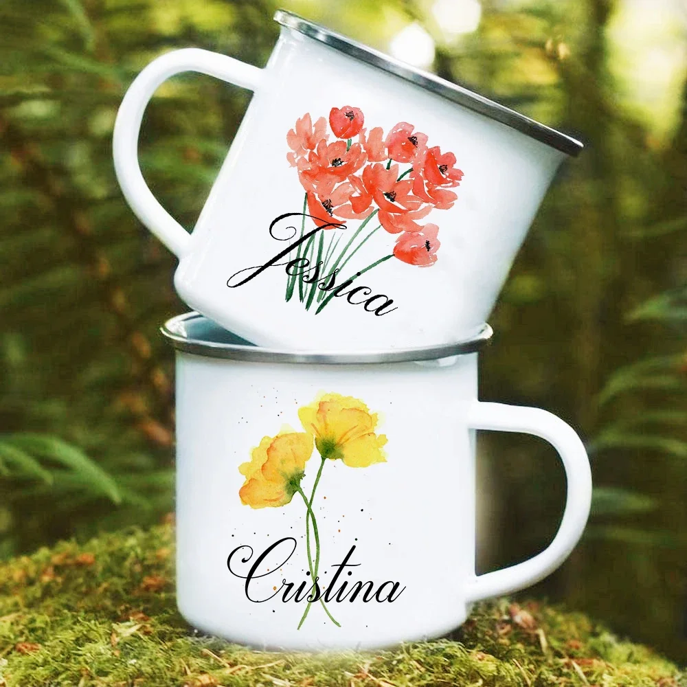 

Personalized Flower with Name Camping Mug Drink Milk Cup Enamel Mugs Handle Drinkware Gifts for Her Creative Retro Coffee Cups