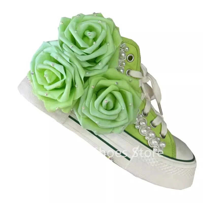 

Green Rose Pearl Decor Women Leisure Canvas Shoes Round Toe Chunky Bottom Height Increasing Sport Shoes Ladies Outside Sneaskers