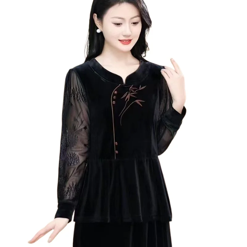 

Женская бархатная блузка на пуговицах, элегантная офисная рубашка во французском стиле, Повседневная облегающая блузка в стиле ретро с баской, черный цвет, Осень-зима