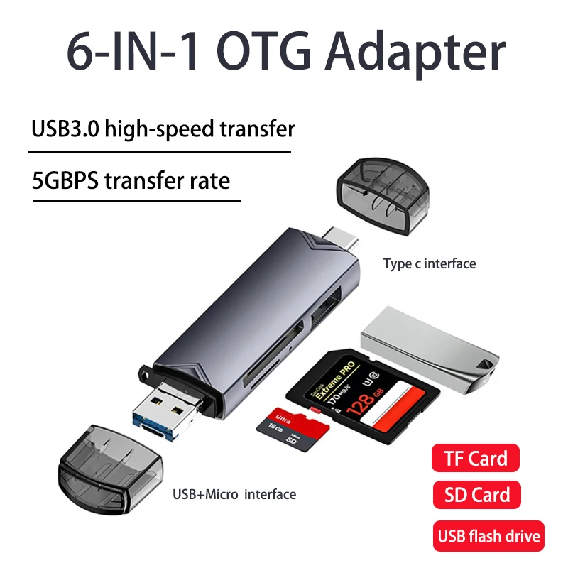 

6 in 1 OTG Type C USB 3.0 Card Reader SD TF Card USB Flash Drive Adapter 5Gbps High Speed Transfer Multifunctional Card Reader