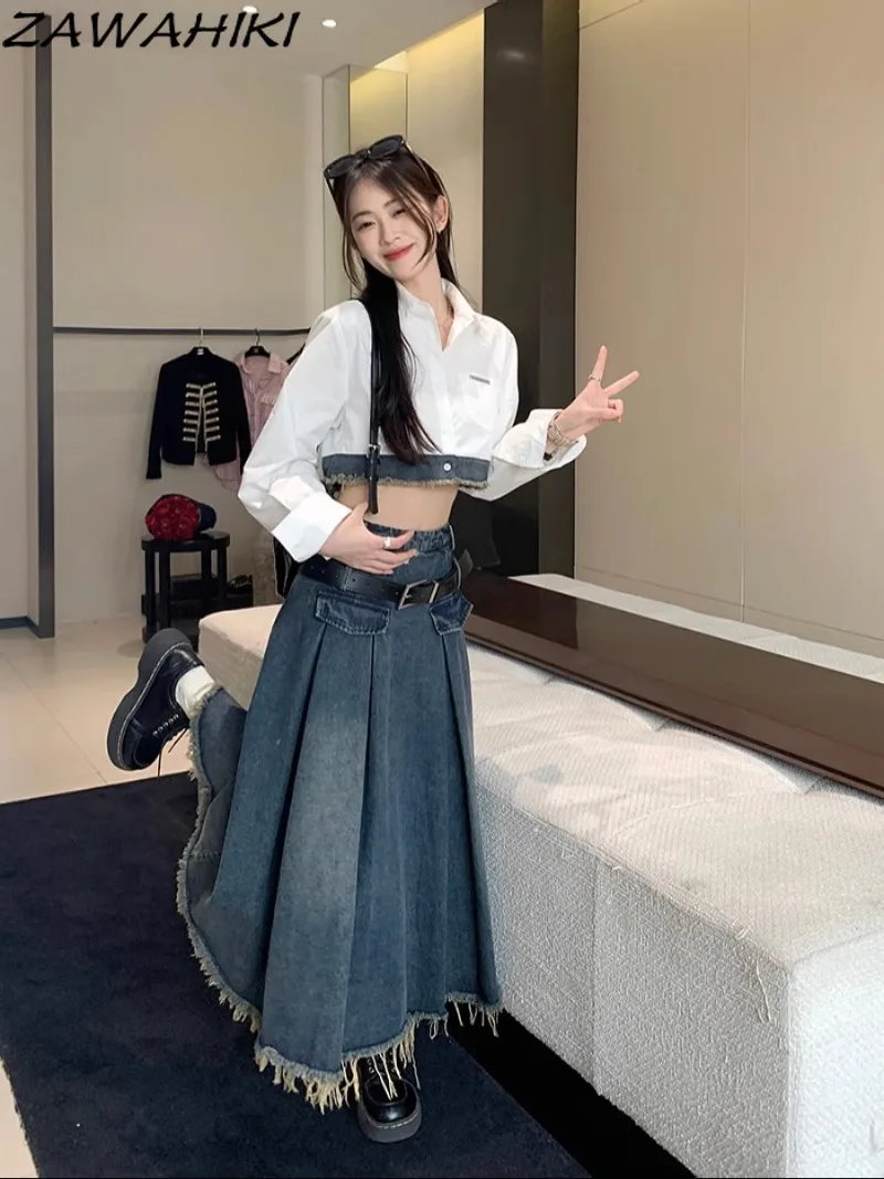 Korean Washed Patchwork Contrast Color Long Sleeve Y2K Aesthetic Shirt + Spring Autumn High Waist Solid Color Pleated Long Skirt
Korean Washed Patchwork Contrast Color Long Sleeve Y2K Aesthetic Shirt + Spring Autumn High Waist Solid Color Pleated Long Skirt