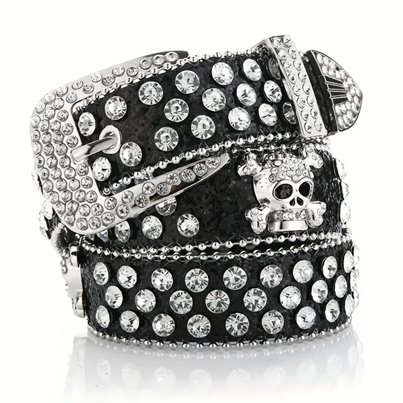 

2024 New Women's Skull Rhinestone Belt European and American Style Women's Lengthened Belt Cowboy Style Outdoor Belt