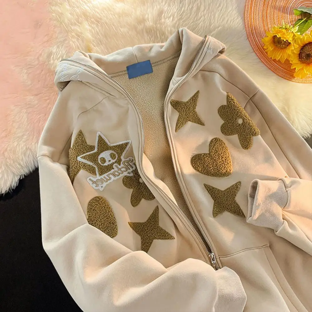 

Long Sleeves Winter Coat Autumn Winter Women's Hooded Coat Embroidered Letter Patch Star Detail Zipper Pocket Casual for Ladies