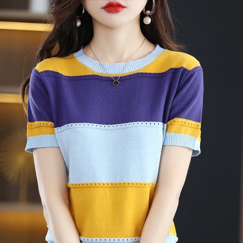 

Womenswear 2024 round neck pullover pure cotton color stripe sweater slim hollow short-sleeved blouse knitwear Korean fashion