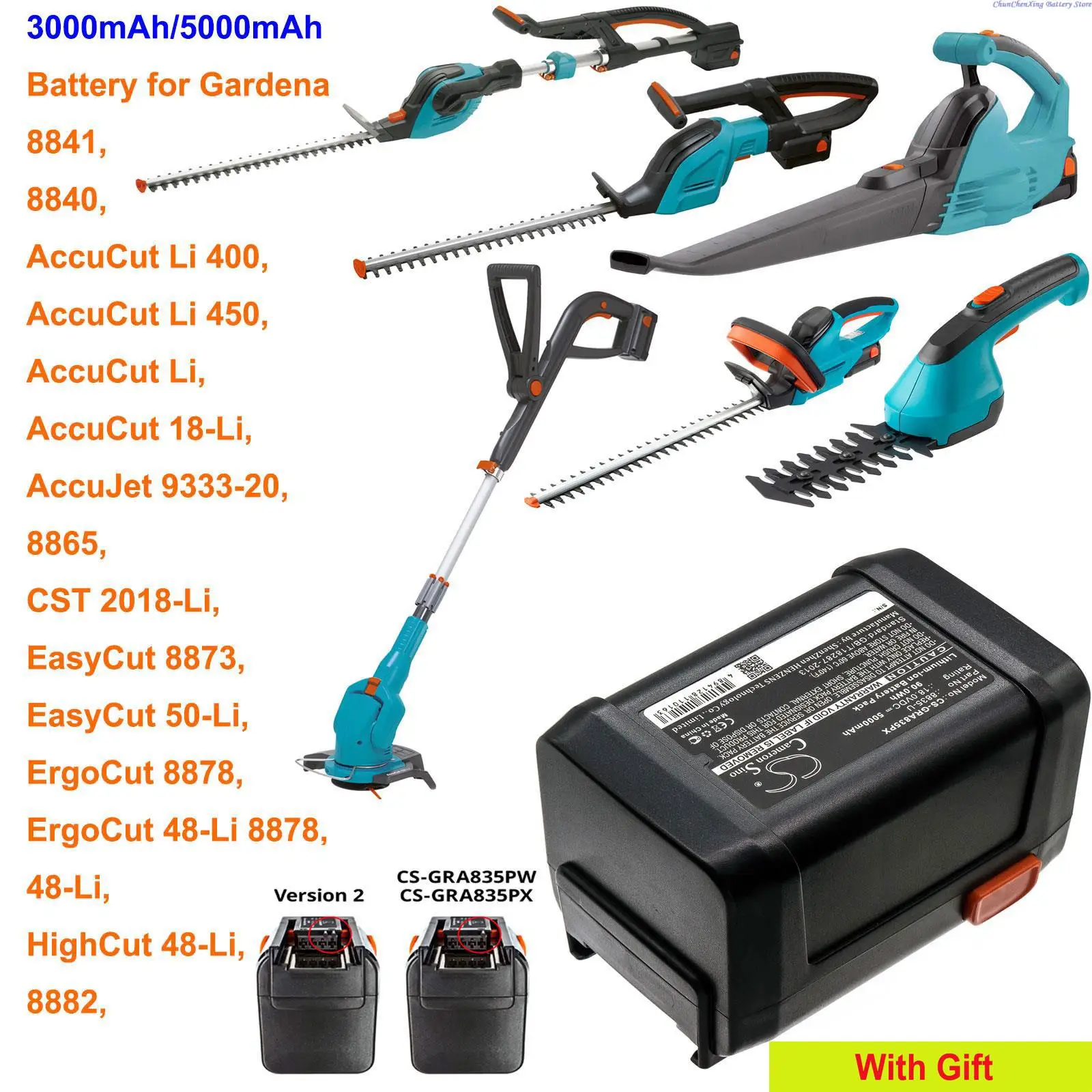 Cameron Sino 3000mAh/5000mAh Battery for Gardena 8841,8840,8865,8882,8878,AccuCut Li 400,Li 450,EasyCut 8873,HighCut 48-Li,48-Li
Cameron Sino 3000mAh/5000mAh Battery for Gardena 8841,8840,8865,8882,8878,AccuCut Li 400,Li 450,EasyCut 8873,HighCut 48-Li,48-Li