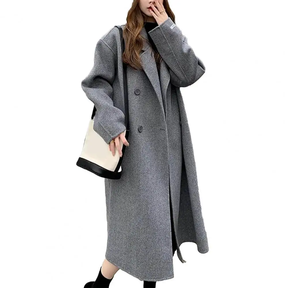 

Модная женская куртка с божьей кожей на ощупь Стильное женское двубортное зимнее пальто теплое средней длины с лацканами и двумя карманами