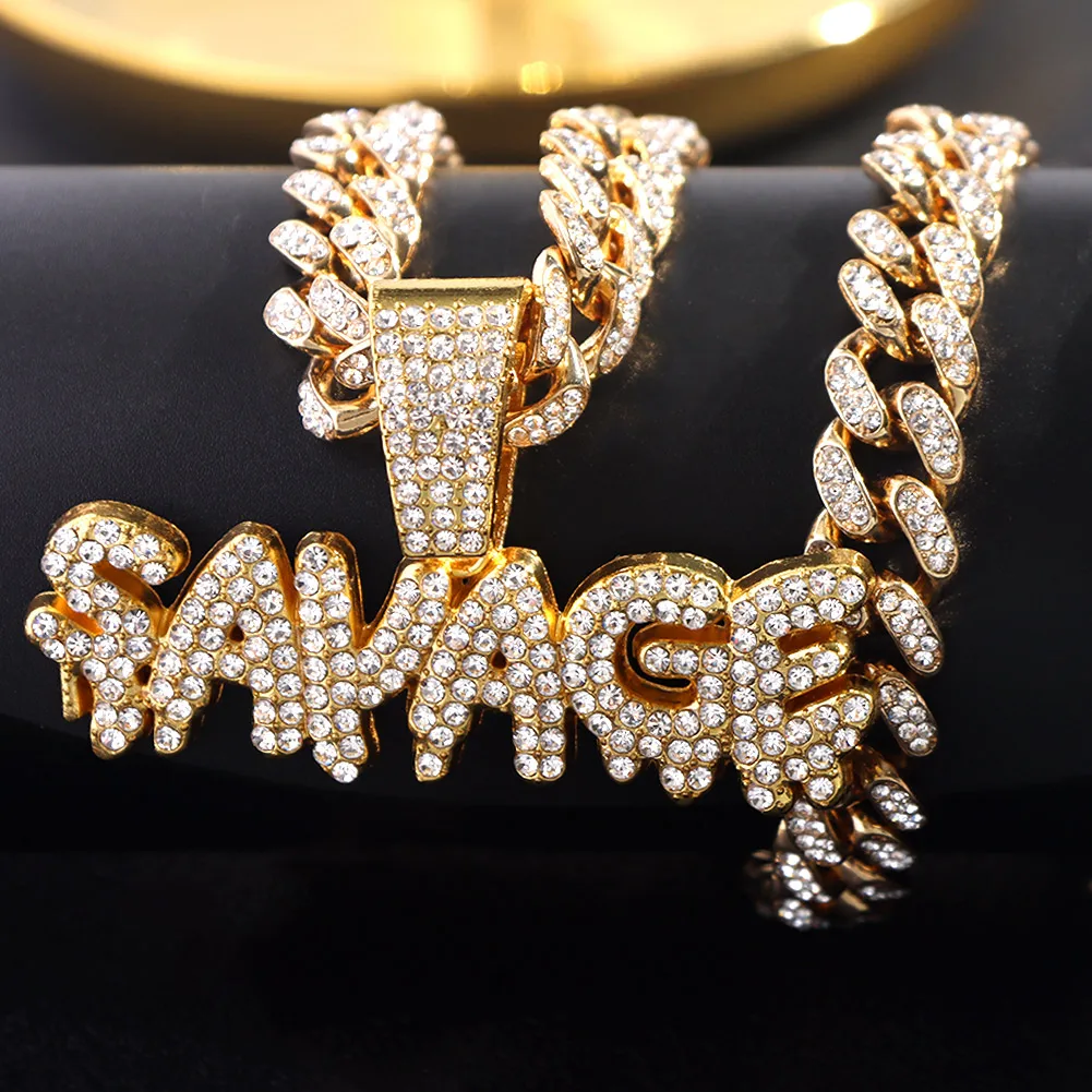 Hip Hop SAVAGE Crystal Letters Pendant Necklace with 13mm Miami Iced Out Bling Cuban Link Chain Necklace Men Fashion Jewelry
Hip Hop SAVAGE Crystal Letters Pendant Necklace with 13mm Miami Iced Out Bling Cuban Link Chain Necklace Men Fashion Jewelry
