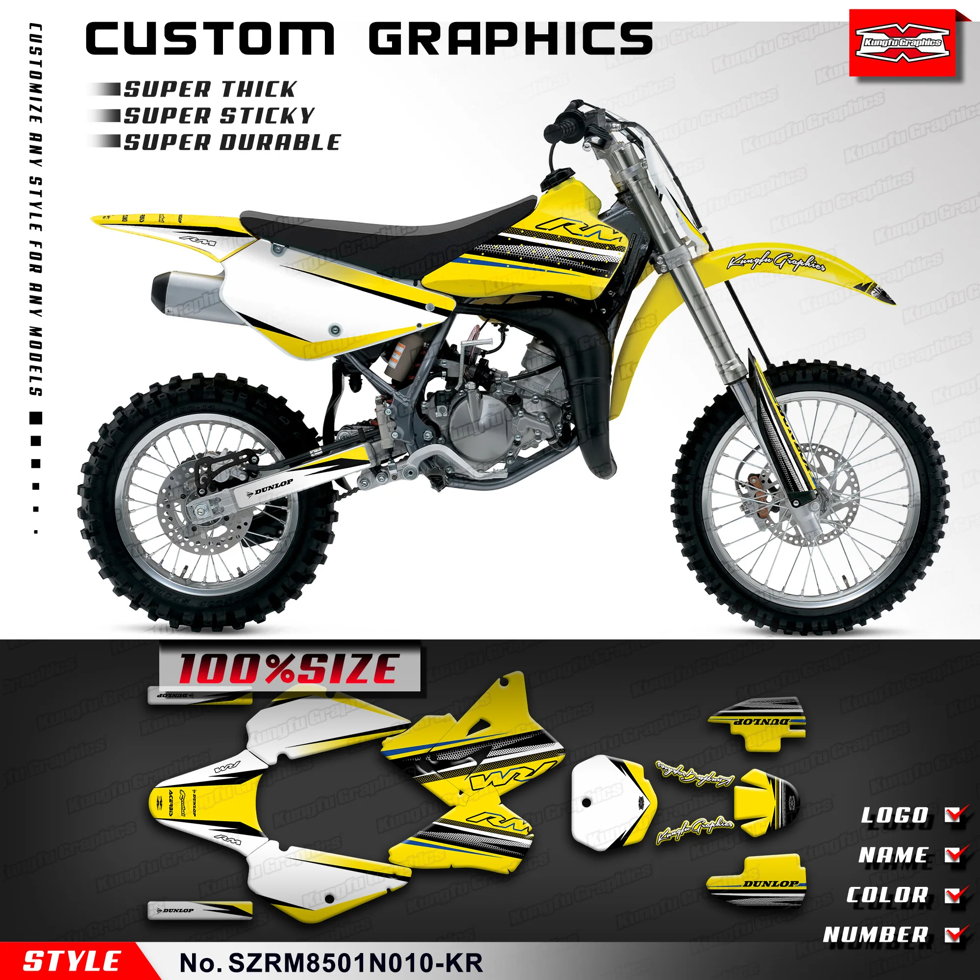 

KUNGFU GRAPHICS Dirt Bike Custom Stickers Vinyl Decal Kit for Suzuki RM 85 2001-2024, SZRM8501N010-KR