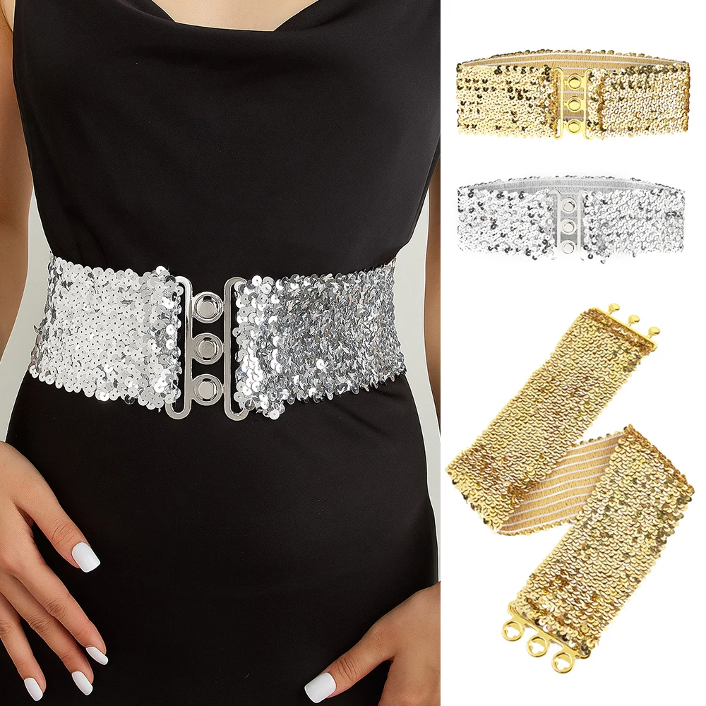 

Sequin Glitter Elastic Waist Belt For Women Corset Waistbands Vintage Girdle With Metal Buckle Exquisite Clothing Accessories