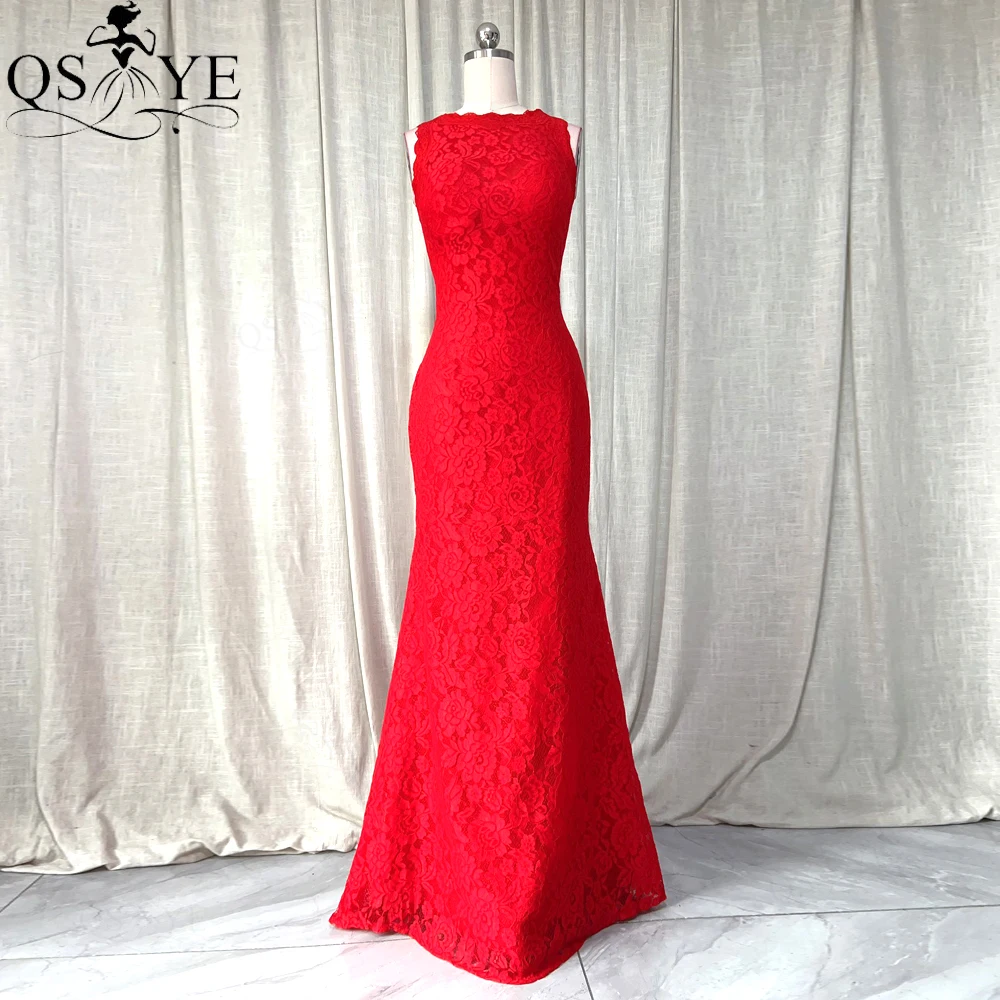 

Full Lace Mermaid Evening Dresses Red Sleeveless Plain Simple Prom Gown Scoop Neck Sleeveless Woman Fashion Elegant Party Dress