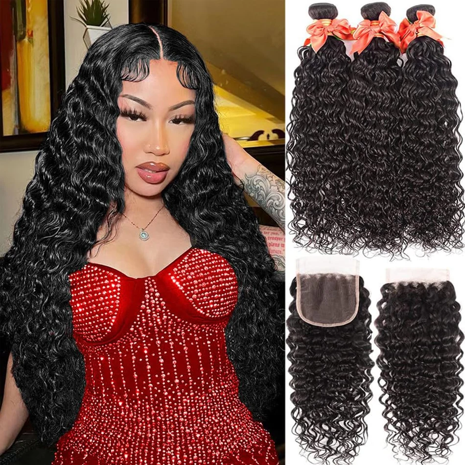 

Peruvian Water Wave Bundles With HD Lace Wet and Wavy Bundles Human Hair with Closure 4x4 Malaysian Raw human hair extensions