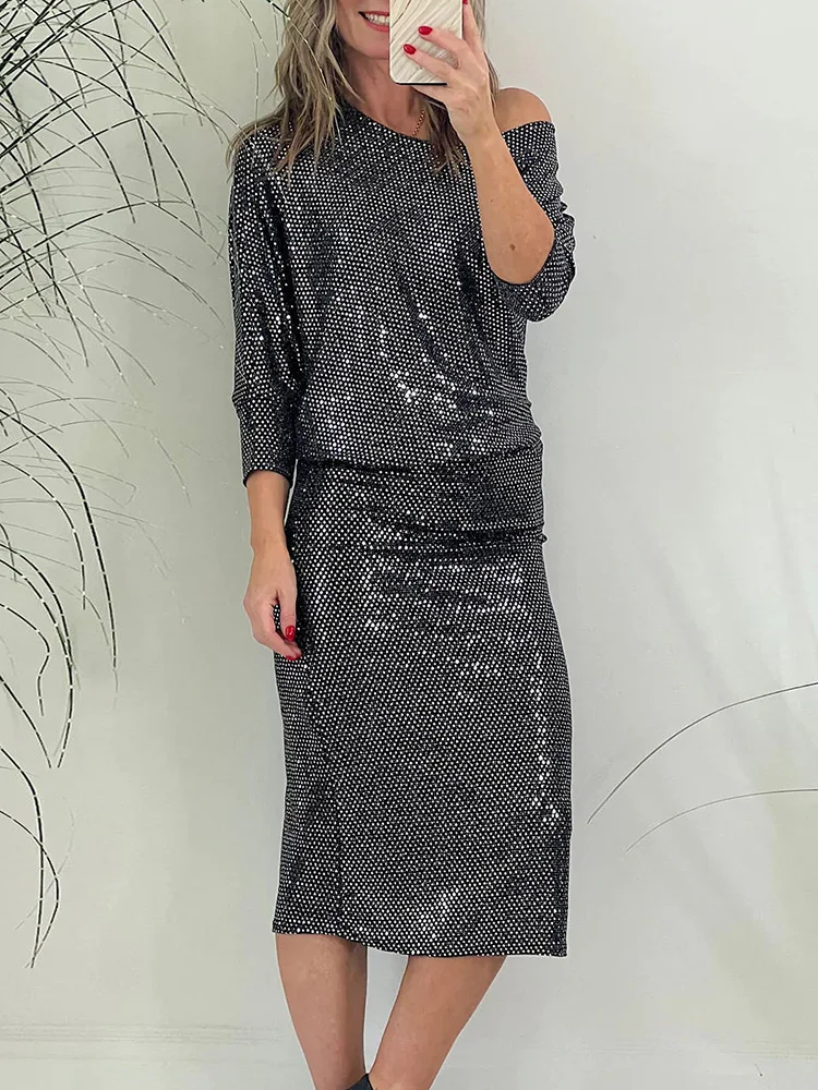 

Skew Collar Sequins Loungewear Party Dress, Women Spring Autumn Three Quarter Sleeve Holiday Dress, Elastic Waist Ladies Dress