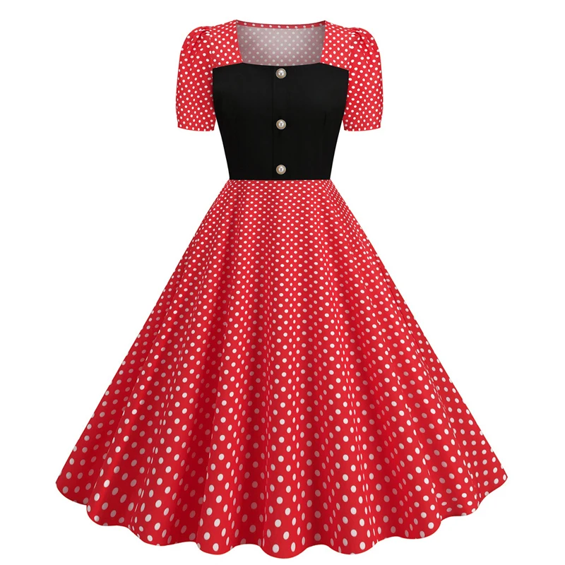 

Women Summer Fashion Square Sleeve Polka Dot Printed Button A Line Vintage Retro Party Rockabilly pin up Skater dress