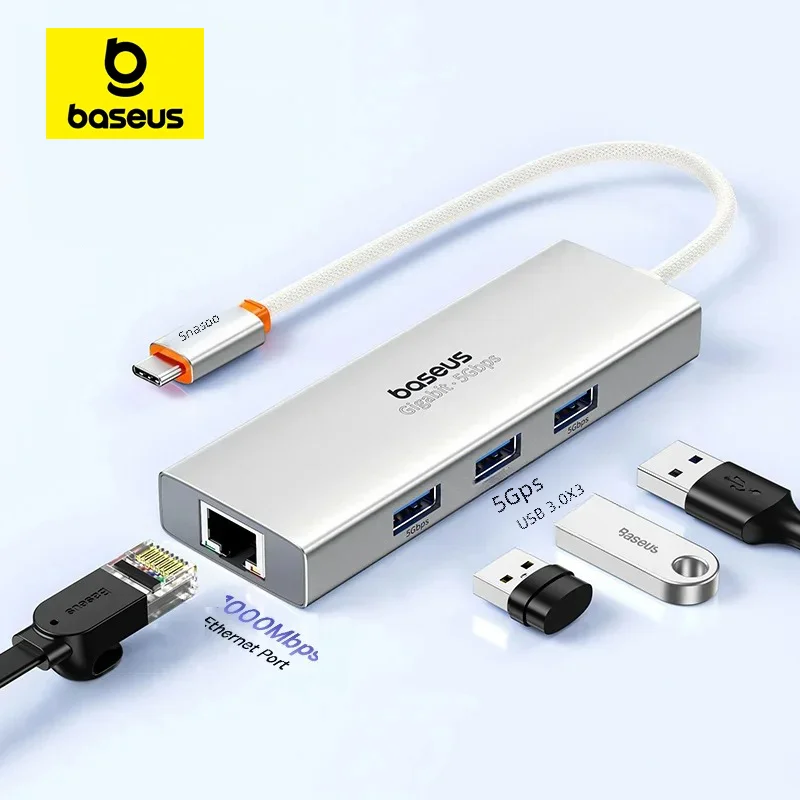 

Baseus 4 in 1 USB C HUB With 1000Mbps Ethernet Port 3* USB 3.0 USB Adapter RJ45 Lan USB Type C HUB For Phones Laptops Tablets