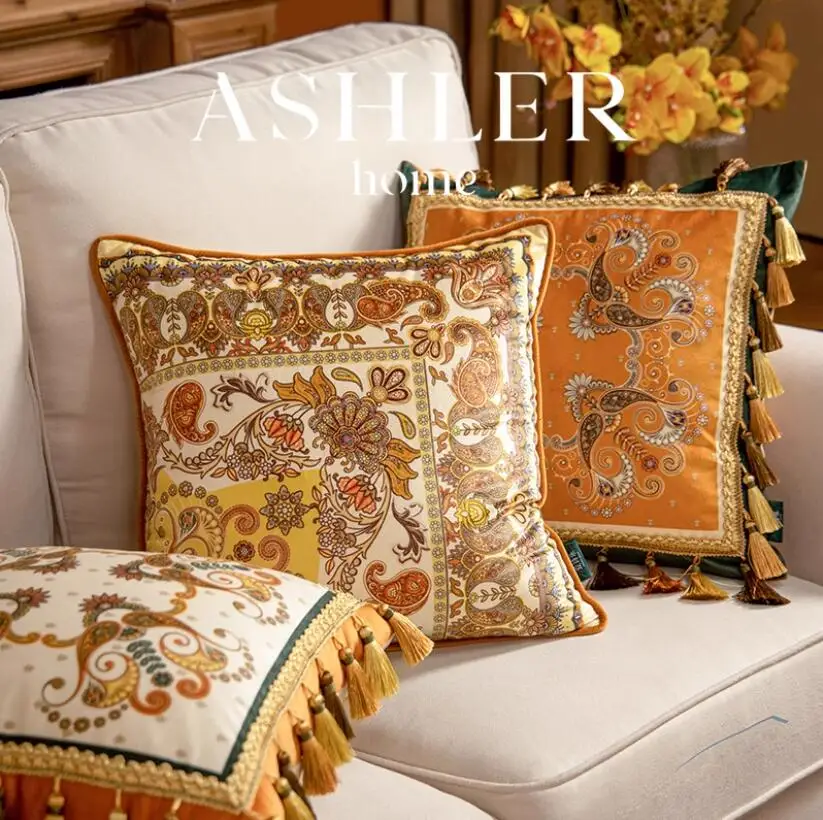 

European Cushion Cover Luxury Jacquard Home Decorative Embroidery Petunias Pillow Case Pillowcase With Tassels For Sofa Chair