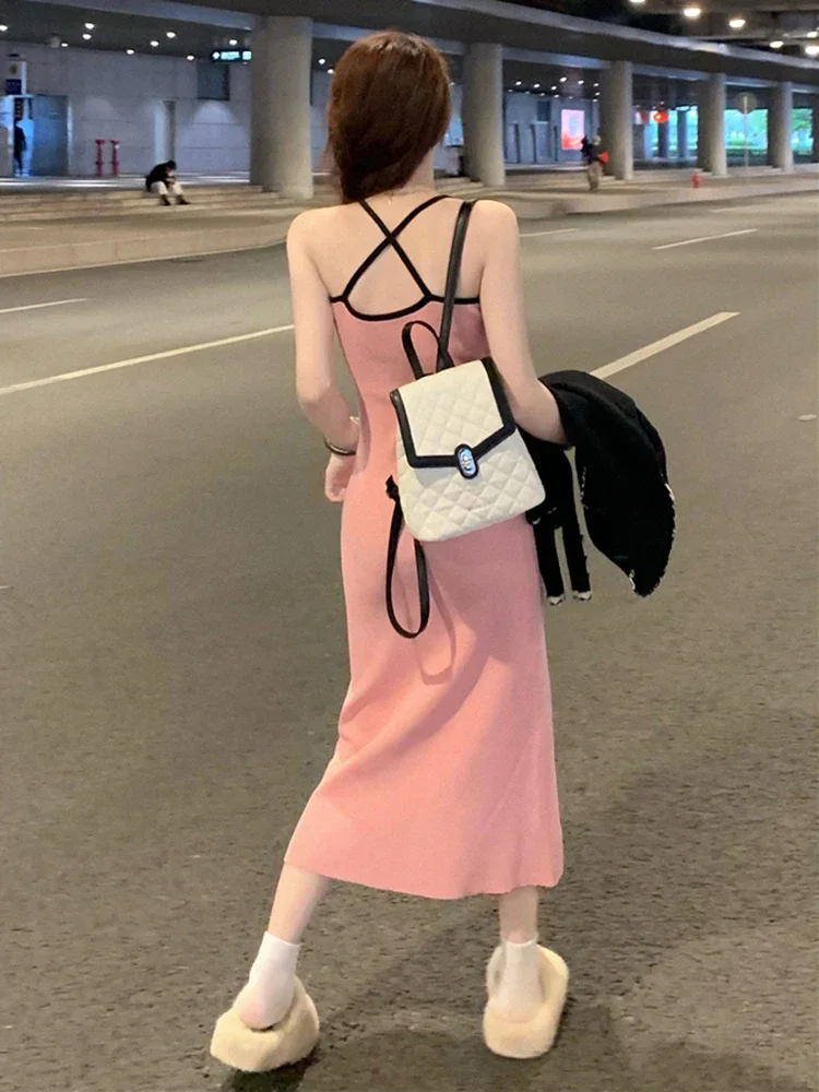 

Sexy Contrast Color Chic Knitted Sleeveless Women Camisole Dress Summer New Simple Casual Fashion Slim Sweet Female Midi Dresses