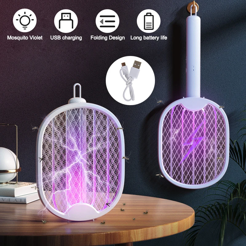 

3000V Foldable Electric Fly Swatter Mosquito Killer Trap USB Rechargeable Mosquito Racket Insect Killer with UV Light Bug Zapper