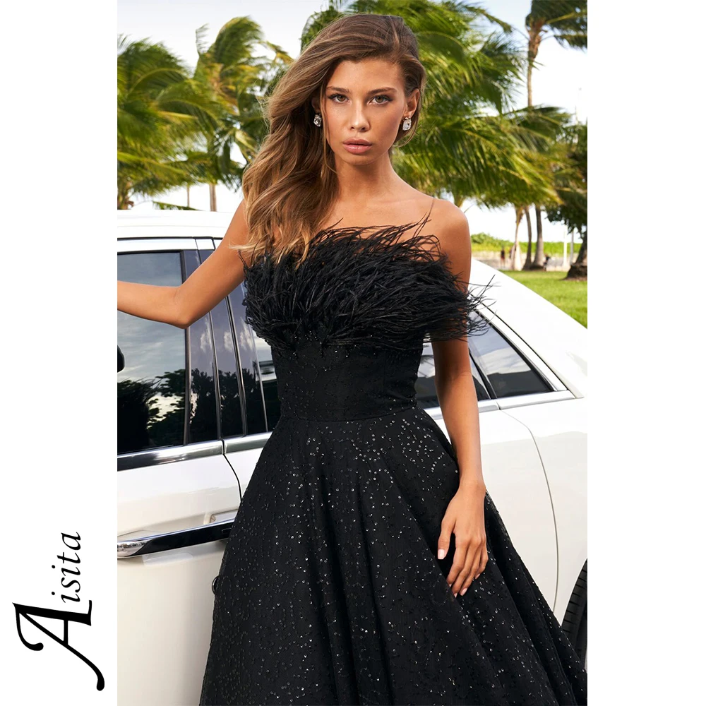 Sexy Black A-line Wedding Dress feather Sequin Chiffon Womens Dresses Strapless Neck Elegant and Pretty Women's Dresses Vestido 
Sexy Black A-line Wedding Dress feather Sequin Chiffon Womens Dresses Strapless Neck Elegant and Pretty Women's Dresses Vestido