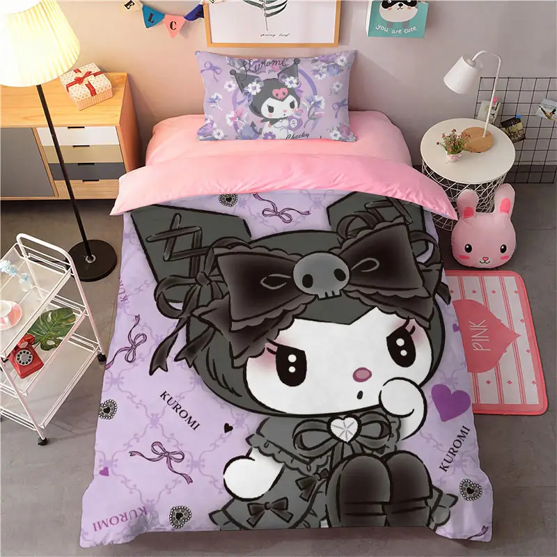 

Kawaii Sanrio мультфильм Kuromi коралловый бархат Теплый четырехсекционный мультфильм милый антистатический пододеяльник комплект постельного белья из трех предметов