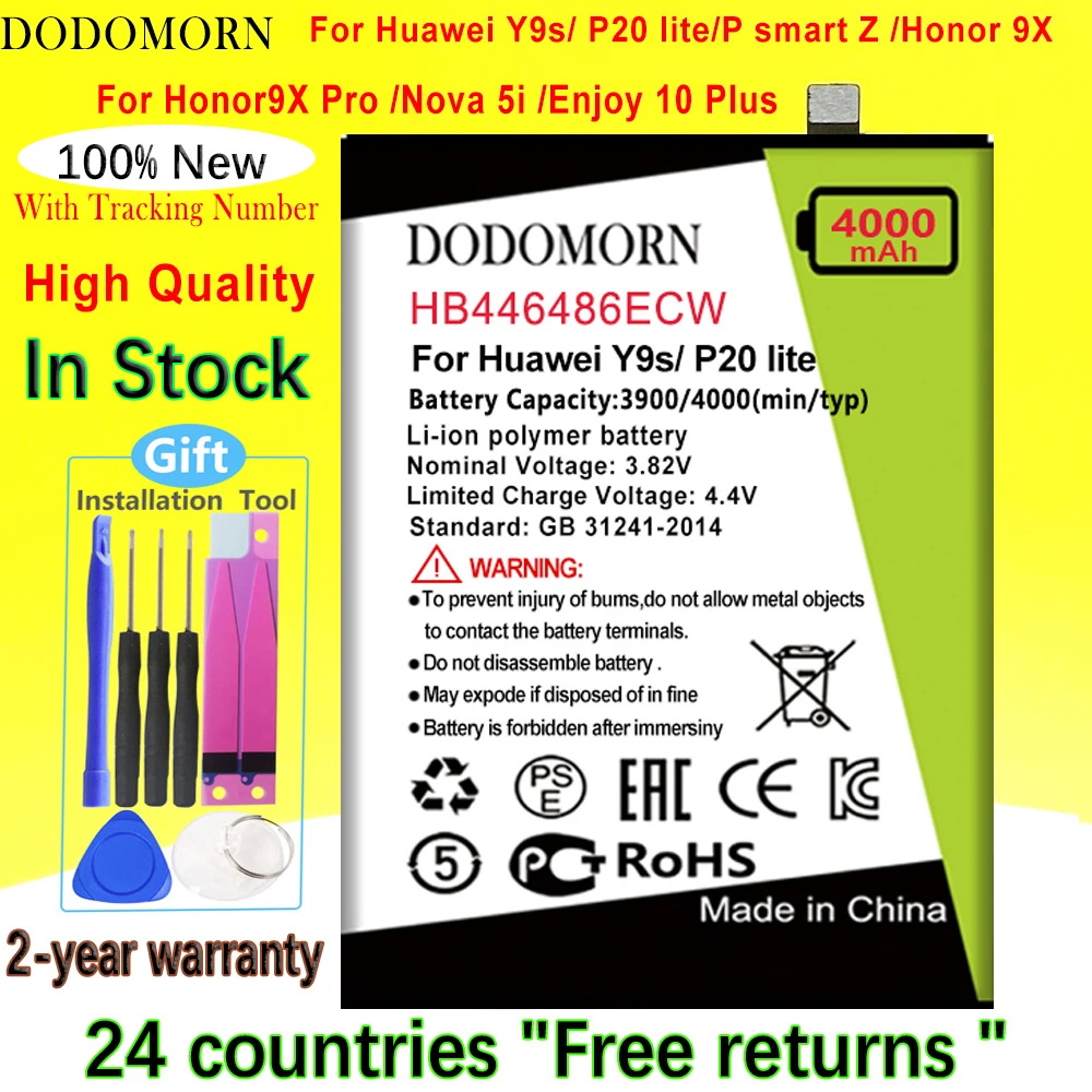

DODOMORN HB446486ECW Battery For Huawei Y9s/P20 lite 2019/P smart Z/Honor 9X/Honor9X Pro/Nova 5i /Enjoy 10 Plus Phone 4000mAh