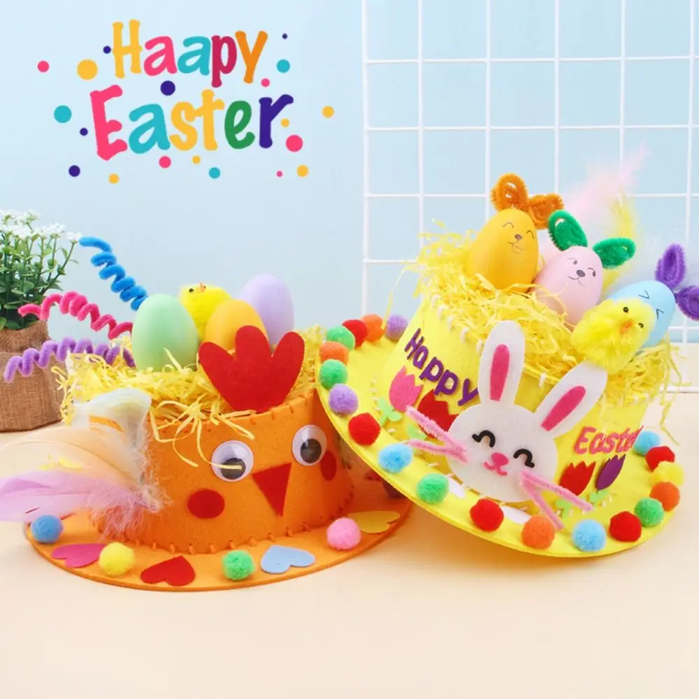 

Painted Eggshell Kids Handmade Easter Hat Decorated Non-woven Fabric DIY Easter Hat Toy Chick Easter Rabbit
