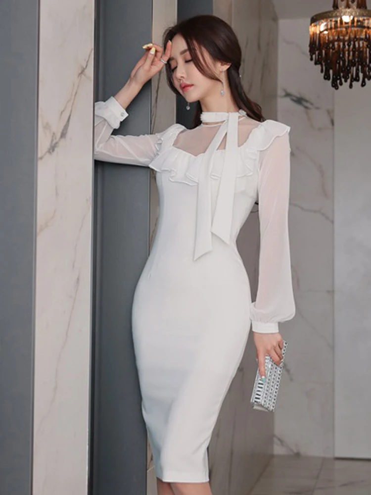 

Корейская мода весна-осень белое длинное вечернее платье женская одежда элегантное красивое платье средней длины с круглым вырезом и запахом под бедра женское платье