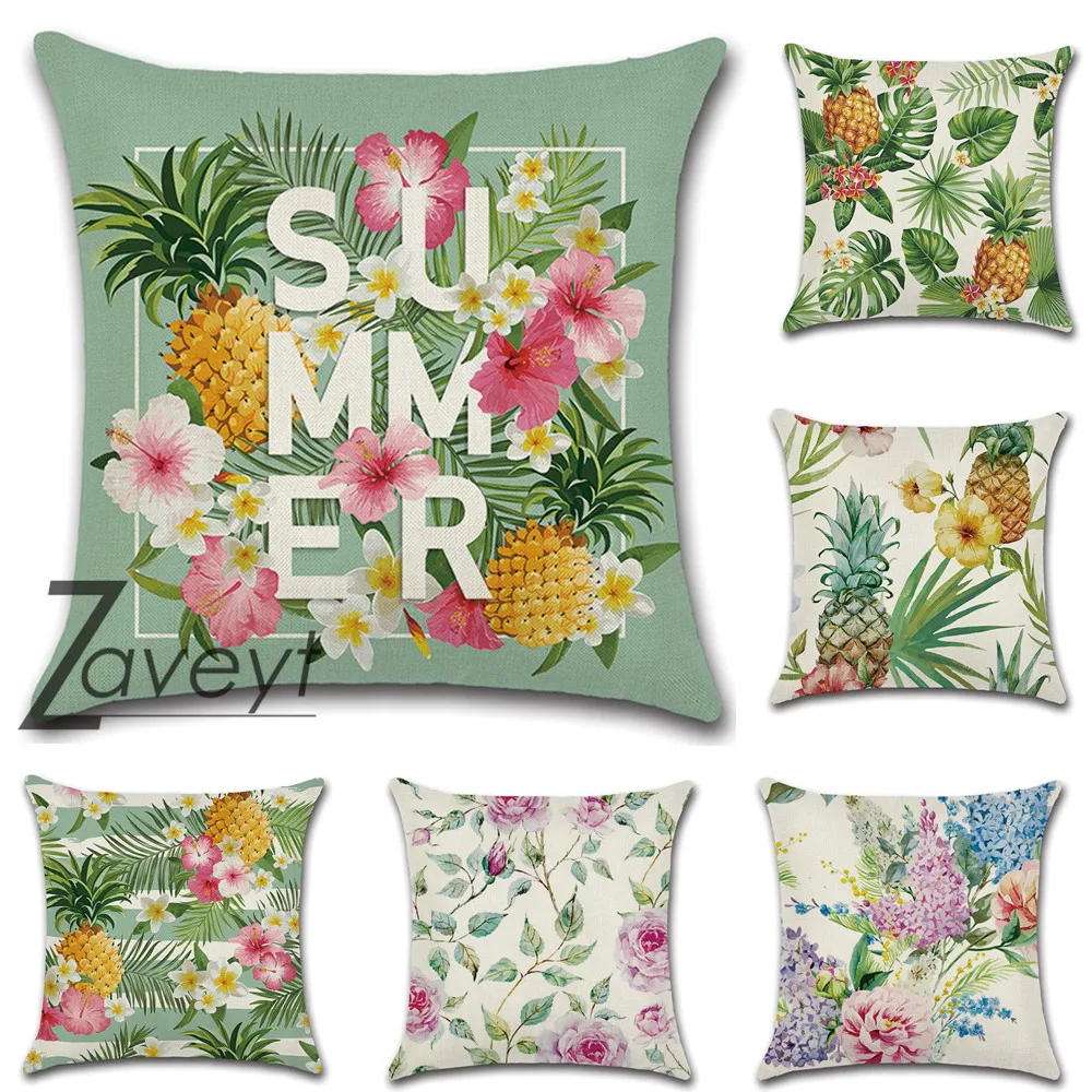 

Green Summer Pineapple Tropical Plants Cushion Cover 45x45cm Linen Rose Flamingo Pillowcase Decorative Throw Pillow case 40x40cm